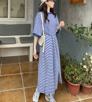 ワンピース ロング 2way ボーダー Tシャツワンピース レディース ラウンドネック 5分袖 プルオーバー ウエストシェイプ 大きいサイズ有 しましま 縞々 おしゃれ かわいい カジュアル デイリー ルームウェア 部屋着 お出かけ 女性用