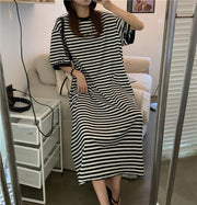 ワンピース ロング 2way ボーダー Tシャツワンピース レディース ラウンドネック 5分袖 プルオーバー ウエストシェイプ 大きいサイズ有 しましま 縞々 おしゃれ かわいい カジュアル デイリー ルームウェア 部屋着 お出かけ 女性用