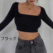 カットソー レディース 女性用 トップス クロップド ショート丈 スクエアネック 長袖 ロングスリーブ おしゃれ