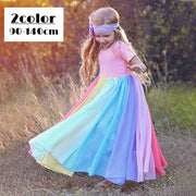 ワンピース 子供服 キッズ ジュニア 女の子 ドレス 半袖 ラウンドネック ロング丈 シフォン調 レインボーカラー かわいい おしゃれ お出かけ 結婚式 パーティー