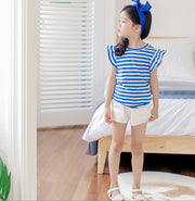 カットソー キッズ ジュニア 子ども服 女の子 ノースリーブ 肩フリル ボーダー柄 マリン トップス ラウンドネック プルオーバー カジュアル おしゃれ かわいい クルーネック 丸首 普段着 着替え 女児 ガールズ 小学生 中学生 女性 90 100 120 130 140 150 夏 春 秋 レッド 赤 ネイビー 紺