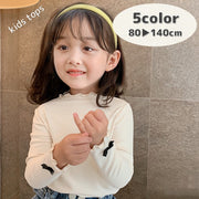 カットソー 長袖 ハイネック ロングTシャツ 子供服 キッズ ベビー ジュニア 女の子 トップス かわいい おしゃれ メロウフリル 袖口リボン 袖口フリル フィット 無地 単色 シンプル デイリー 着回し