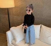 カットソー 長袖 ハイネック ロングTシャツ 子供服 キッズ ベビー ジュニア 女の子 トップス かわいい おしゃれ メロウフリル 袖口リボン 袖口フリル フィット 無地 単色 シンプル デイリー 着回し