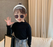 カットソー 長袖 ハイネック ロングTシャツ 子供服 キッズ ベビー ジュニア 女の子 トップス かわいい おしゃれ メロウフリル 袖口リボン 袖口フリル フィット 無地 単色 シンプル デイリー 着回し