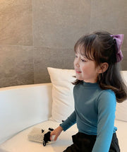 カットソー 長袖 ハイネック ロングTシャツ 子供服 キッズ ベビー ジュニア 女の子 トップス かわいい おしゃれ メロウフリル 袖口リボン 袖口フリル フィット 無地 単色 シンプル デイリー 着回し