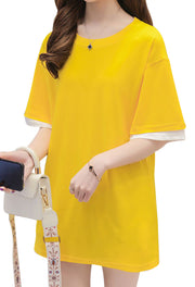 カットソー Tシャツ 半袖 レディース トップス フェイクレイヤード 重ね着風 クルーネック 無地 プルオーバー おしゃれ かわいい シンプル カジュアル デイリー ルームウェア おうちコーデ 女性用 婦人用