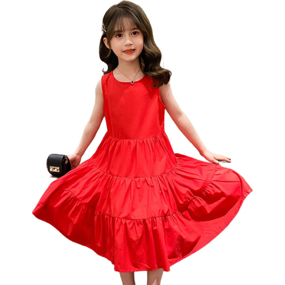 ティアードワンピース Aライン ノースリーブ ロング丈 子供服 キッズ ジュニア 女の子 夏 小学生 無地 シンプル 黒 赤 大人っぽい 可愛い ガーリー おしゃれ カジュアル 110cm 120cm 130cm 140cm 150cm 160cm