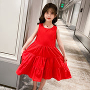 ティアードワンピース Aライン ノースリーブ ロング丈 子供服 キッズ ジュニア 女の子 夏 小学生 無地 シンプル 黒 赤 大人っぽい 可愛い ガーリー おしゃれ カジュアル 110cm 120cm 130cm 140cm 150cm 160cm