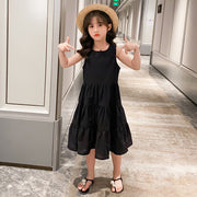 ティアードワンピース Aライン ノースリーブ ロング丈 子供服 キッズ ジュニア 女の子 夏 小学生 無地 シンプル 黒 赤 大人っぽい 可愛い ガーリー おしゃれ カジュアル 110cm 120cm 130cm 140cm 150cm 160cm