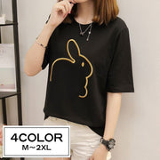 Tシャツ カットソー 半袖 五分袖 レディース 女性 女子 トップス ラウンドネック 刺繍 ロゴ うさぎ 動物 アニマル かわいい 着回し ゆったり 合わせやすい