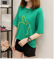 Tシャツ カットソー 半袖 五分袖 レディース 女性 女子 トップス ラウンドネック 刺繍 ロゴ うさぎ 動物 アニマル かわいい 着回し ゆったり 合わせやすい