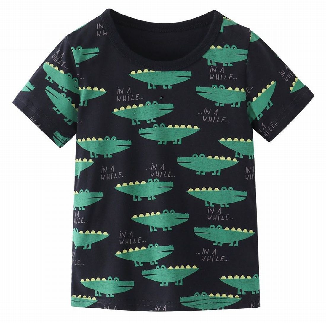 Tシャツ カットソー 半袖 キッズ ベビー ラウンドネック 夏 通園 通学 普段着 トップス 男の子 女の子 カジュアル ワニ 動物 アニマル プリント ブラック 黒 こども服