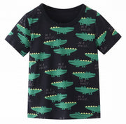 Tシャツ カットソー 半袖 キッズ ベビー ラウンドネック 夏 通園 通学 普段着 トップス 男の子 女の子 カジュアル ワニ 動物 アニマル プリント ブラック 黒 こども服