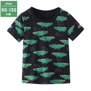 Tシャツ カットソー 半袖 キッズ ベビー ラウンドネック 夏 通園 通学 普段着 トップス 男の子 女の子 カジュアル ワニ 動物 アニマル プリント ブラック 黒 こども服