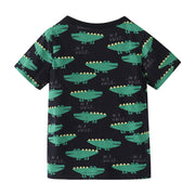 Tシャツ カットソー 半袖 キッズ ベビー ラウンドネック 夏 通園 通学 普段着 トップス 男の子 女の子 カジュアル ワニ 動物 アニマル プリント ブラック 黒 こども服