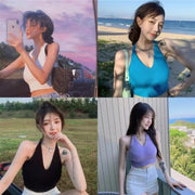 タンクトップ ホルターネック ノースリーブ トップス インナー ショート丈 へそ出し ニット レディース 女性 婦人用 シンプル 単色 おしゃれ かわいい キュート セクシー 着回し レイヤード 重ね着