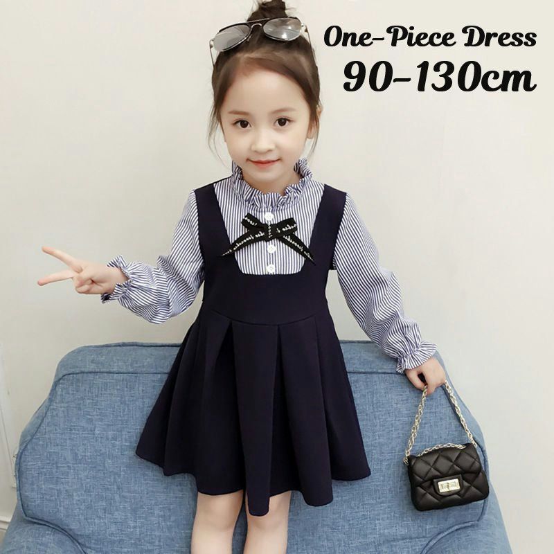 ワンピース 子供服 キッズ 女の子 長袖 フリル襟 スタンドカラー 膝丈 フレア フェイクレイヤードスタイル 重ね着風デザイン ストライプ柄 リボン 袖口ゴム かわいい おしゃれ お出かけ トラッド 清楚