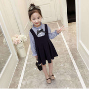 ワンピース 子供服 キッズ 女の子 長袖 フリル襟 スタンドカラー 膝丈 フレア フェイクレイヤードスタイル 重ね着風デザイン ストライプ柄 リボン 袖口ゴム かわいい おしゃれ お出かけ トラッド 清楚