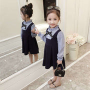 ワンピース 子供服 キッズ 女の子 長袖 フリル襟 スタンドカラー 膝丈 フレア フェイクレイヤードスタイル 重ね着風デザイン ストライプ柄 リボン 袖口ゴム かわいい おしゃれ お出かけ トラッド 清楚