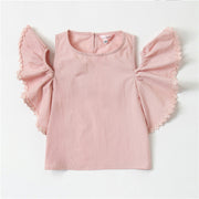 ブラウス 子供服 キッズ 女の子 シャツ トップス 半袖 フリル オープンショルダー フリルスリーブ 後ろボタン フラワーレース おしゃれ かわいい 無地 お出かけ 白 ピンク