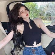 ニット タンクトップ レディース 女性 婦人 トップス ショート丈 ノースリーブ 袖なし へそ出し 肌見せ 夏服 セクシー おしゃれ かわいい