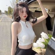 ニット タンクトップ レディース 女性 婦人 トップス ショート丈 ノースリーブ 袖なし へそ出し 肌見せ 夏服 セクシー おしゃれ かわいい