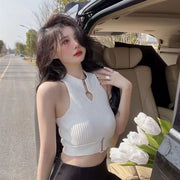 ニット タンクトップ レディース 女性 婦人 トップス ショート丈 ノースリーブ 袖なし へそ出し 肌見せ 夏服 セクシー おしゃれ かわいい