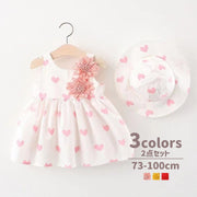 ワンピース 帽子 2点セット キッズ 子供服 ベビー 赤ちゃん 女の子 ノースリーブ ハット ハート 花 コサージュ 切り替え かわいい おしゃれ お出かけ 73 80 90 100cm