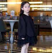 ワンピース キッズ 子供用 長袖 膝上 Aライン チュール ふんわり ドッキング カジュアル ラウンドネック シンプル 無地 春 秋 可愛い かわいい 子供服 子ども服 女の子 ガーリー お出かけ長袖 お出かけ