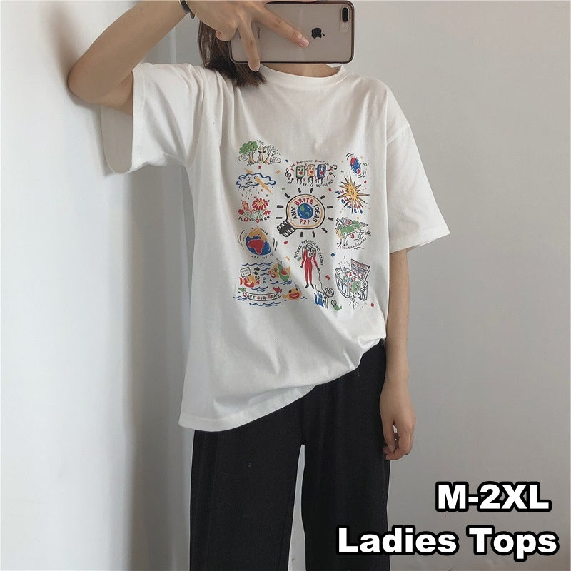 Tシャツ 半袖 カットソー レディース 女性 トップス ラウンドネック イラスト プリント カジュアル シンプル お洒落 大きいサイズあり 婦人服