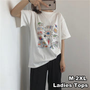 Tシャツ 半袖 カットソー レディース 女性 トップス ラウンドネック イラスト プリント カジュアル シンプル お洒落 大きいサイズあり 婦人服