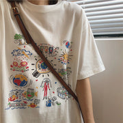 Tシャツ 半袖 カットソー レディース 女性 トップス ラウンドネック イラスト プリント カジュアル シンプル お洒落 大きいサイズあり 婦人服