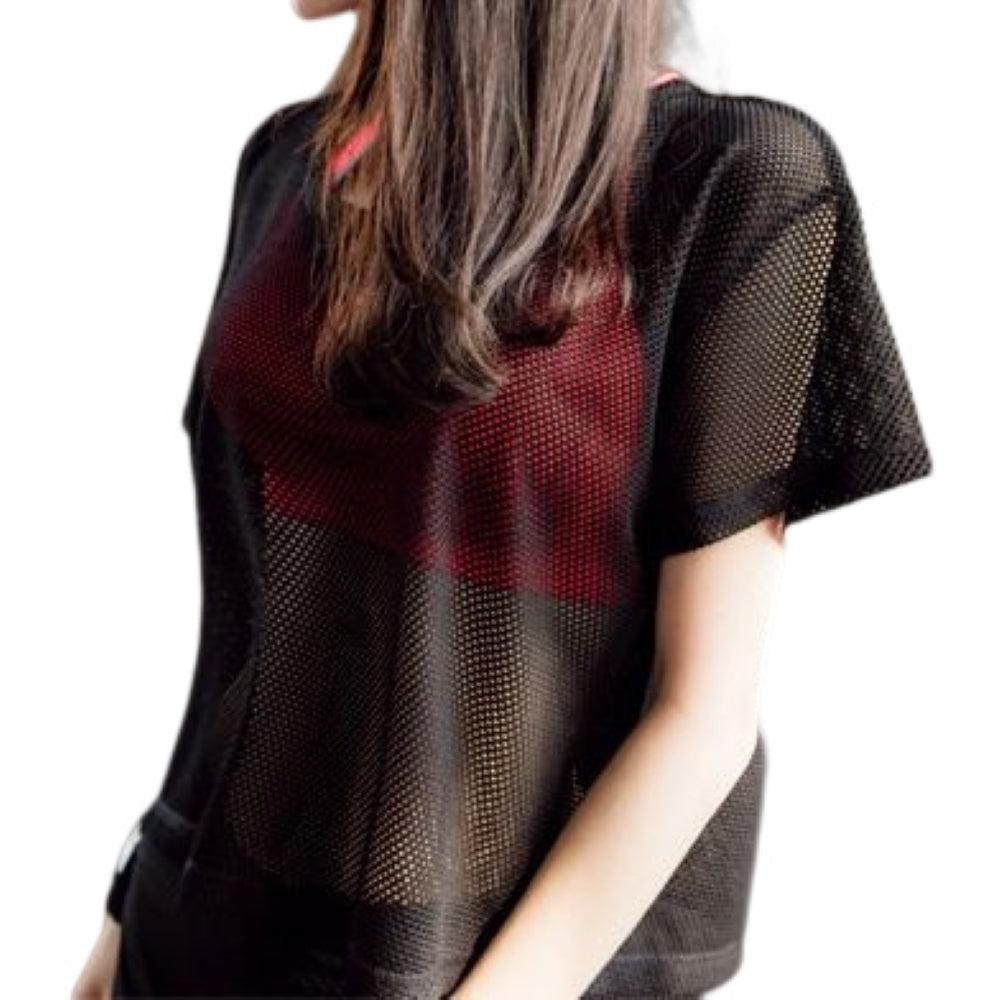 半袖カットソー レディース 女性 メッシュ シースルー トップス Tシャツ シンプル 無地 重ね着 透け感 ダンス 衣装 トレーニング ブラック ホワイト