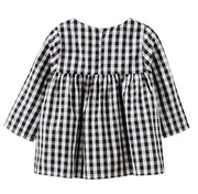 子ども用 子ども服 キッズ服 ベビー服 ワンピース 長袖 短め ショート丈 ミニ丈 ラウンドネック フリル フレア風 ギンガムチェック 黒 ブラック レッド 赤 可愛い 女の子 ガーリー 春 夏 秋 カントリーチック 森ガール ナチュラル オシャレ お出掛け お散歩 80 85 90 100 110 プレゼント ギフト オソロイコーデ ふたごコーディネート