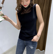 カットソー レディース 女性 婦人 トップス タンクトップ 袖なし 薄め ノースリーブ ストライプ ハイネック フリル メッシュ  シースルー 透け感 お洒落 上品 お呼ばれ パーティー きれいめ