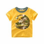 Tシャツ カットソー ラウンドネック 丸襟 丸首 半袖 クルーネック 子供用 ベビー キッズ 恐竜 ダイナソー 迷彩柄 バイカラー 遊び着 通学 通園 カジュアル