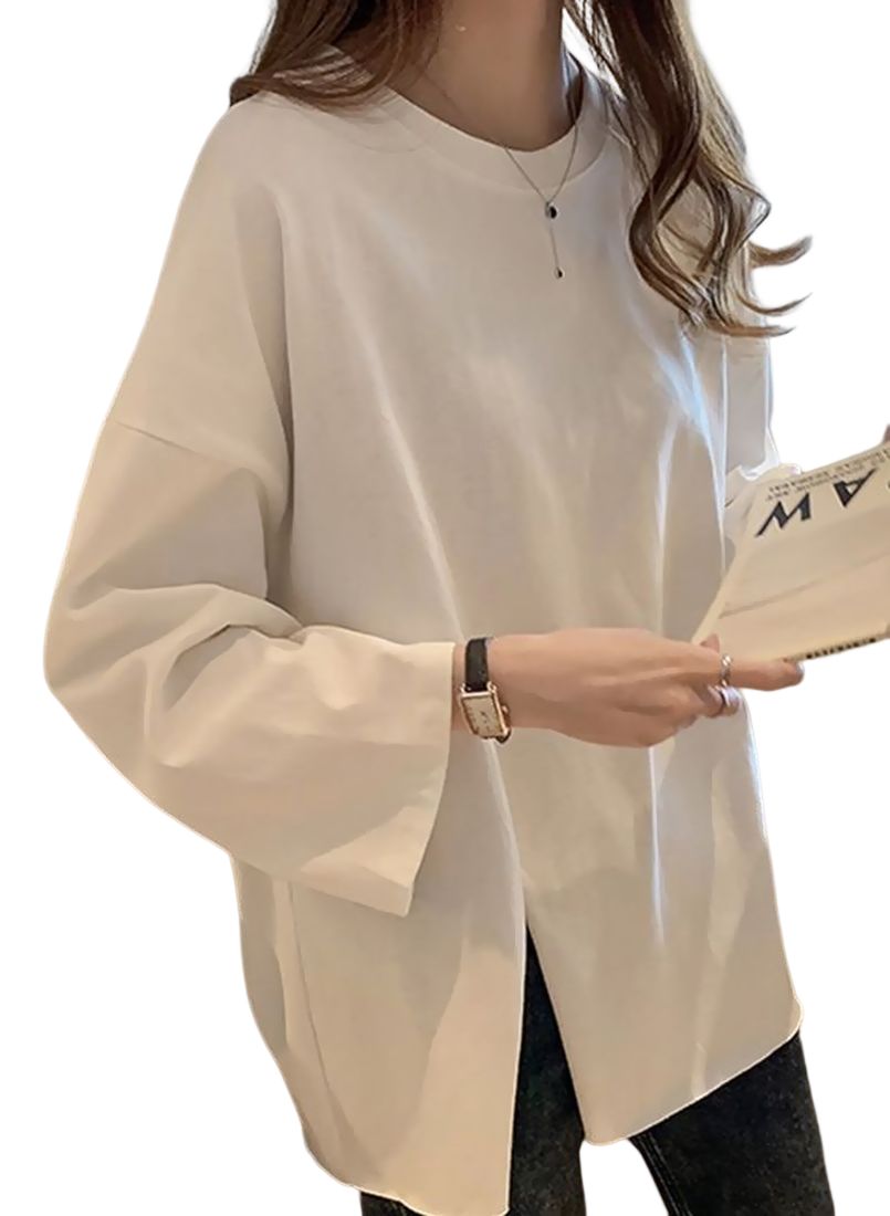 カットソー 長袖 レディース 女性 トップス Tシャツ ビッグサイズ ドロップショルダー ゆったり 大きいサイズ スリット シンプル 無地 ラウンドネック 大人 おしゃれ カジュアル ラフ 普段着 婦人 春 秋 ホワイト 白 ブラック 黒 イエロー ブルー 体系カバー オーバーサイズ M L XL 2XL