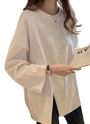 カットソー 長袖 レディース 女性 トップス Tシャツ ビッグサイズ ドロップショルダー ゆったり 大きいサイズ スリット シンプル 無地 ラウンドネック 大人 おしゃれ カジュアル ラフ 普段着 婦人 春 秋 ホワイト 白 ブラック 黒 イエロー ブルー 体系カバー オーバーサイズ M L XL 2XL