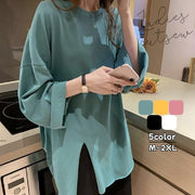 カットソー 長袖 レディース 女性 トップス Tシャツ ビッグサイズ ドロップショルダー ゆったり 大きいサイズ スリット シンプル 無地 ラウンドネック 大人 おしゃれ カジュアル ラフ 普段着 婦人 春 秋 ホワイト 白 ブラック 黒 イエロー ブルー 体系カバー オーバーサイズ M L XL 2XL