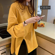 カットソー 長袖 レディース 女性 トップス Tシャツ ビッグサイズ ドロップショルダー ゆったり 大きいサイズ スリット シンプル 無地 ラウンドネック 大人 おしゃれ カジュアル ラフ 普段着 婦人 春 秋 ホワイト 白 ブラック 黒 イエロー ブルー 体系カバー オーバーサイズ M L XL 2XL