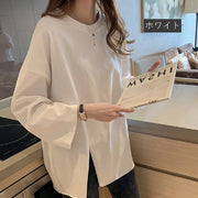 カットソー 長袖 レディース 女性 トップス Tシャツ ビッグサイズ ドロップショルダー ゆったり 大きいサイズ スリット シンプル 無地 ラウンドネック 大人 おしゃれ カジュアル ラフ 普段着 婦人 春 秋 ホワイト 白 ブラック 黒 イエロー ブルー 体系カバー オーバーサイズ M L XL 2XL