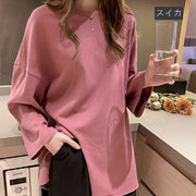 カットソー 長袖 レディース 女性 トップス Tシャツ ビッグサイズ ドロップショルダー ゆったり 大きいサイズ スリット シンプル 無地 ラウンドネック 大人 おしゃれ カジュアル ラフ 普段着 婦人 春 秋 ホワイト 白 ブラック 黒 イエロー ブルー 体系カバー オーバーサイズ M L XL 2XL