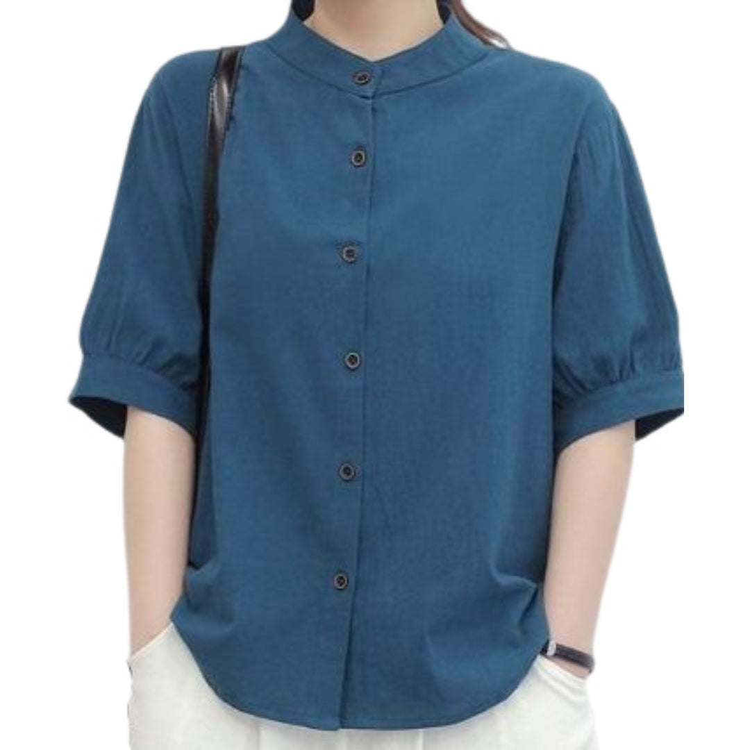 ブラウス シャツ 半袖 レディース トップス パフスリーブ 前開き パンドカラー 無地 ソリッドカラー 婦人服 女性用 大きいサイズあり シンプル カジュアル 普段着 お出かけ M L XL 2XL 3XL