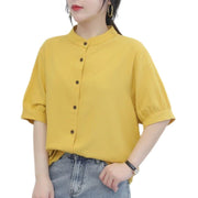 ブラウス シャツ 半袖 レディース トップス パフスリーブ 前開き パンドカラー 無地 ソリッドカラー 婦人服 女性用 大きいサイズあり シンプル カジュアル 普段着 お出かけ M L XL 2XL 3XL