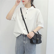 ブラウス シャツ 半袖 レディース トップス パフスリーブ 前開き パンドカラー 無地 ソリッドカラー 婦人服 女性用 大きいサイズあり シンプル カジュアル 普段着 お出かけ M L XL 2XL 3XL