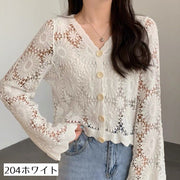 カーディガン レディース 長袖 前開き スクエアネック Vネック 透かし編み ざっくり 花柄 トップス カジュアル おしゃれ 羽織 着丈 女性 婦人 普段着 会社 デート お出かけ 春 秋 夏 冷房対策 ベージュ ホワイト 白 ナチュラル 透け感