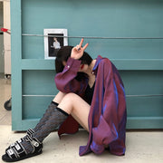 長袖シャツ レディース 女性 婦人 トップス サテン調 羽織り アウター ロングシャツ 前あき ボタン 大きいサイズ ゆったり ラフ 長め丈 体型カバー オーバーシャツ ビッグシルエット キラキラ 無地 袖ボタン 2XL 3XL かっこいい おしゃれ ガーリー シンプル 着回し ヘビロテ お出かけ イベント 紫 青
