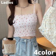 キャミソール トップス レディース 女性 カップ付き パッド 花柄 フラワー ギャザー シャーリング 短丈 かわいい おしゃれ