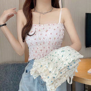 キャミソール トップス レディース 女性 カップ付き パッド 花柄 フラワー ギャザー シャーリング 短丈 かわいい おしゃれ