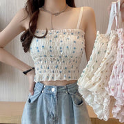 キャミソール トップス レディース 女性 カップ付き パッド 花柄 フラワー ギャザー シャーリング 短丈 かわいい おしゃれ